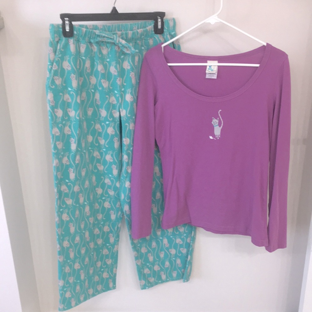 Nite Nite Munki Munki cat pajama set, size M, flannel bottoms w/pockets!